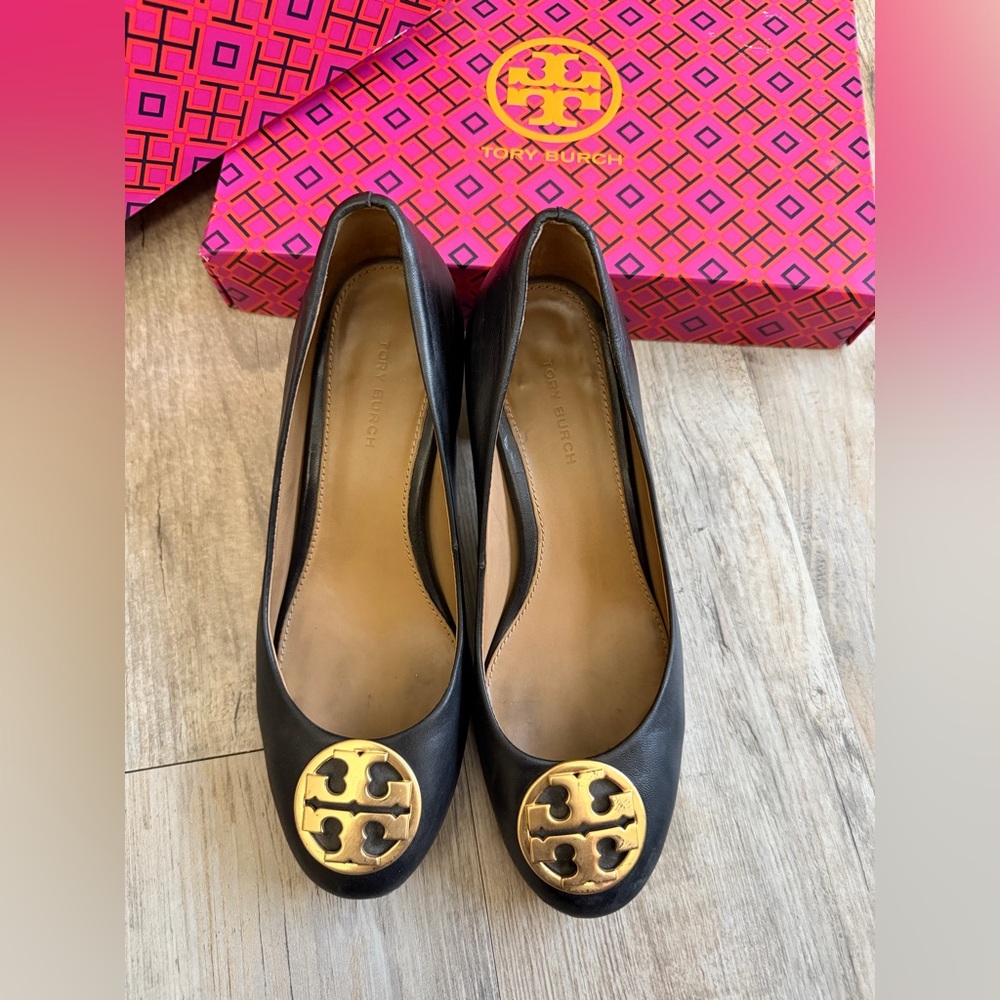 Tory Burch Black Flats with Gold Emblem